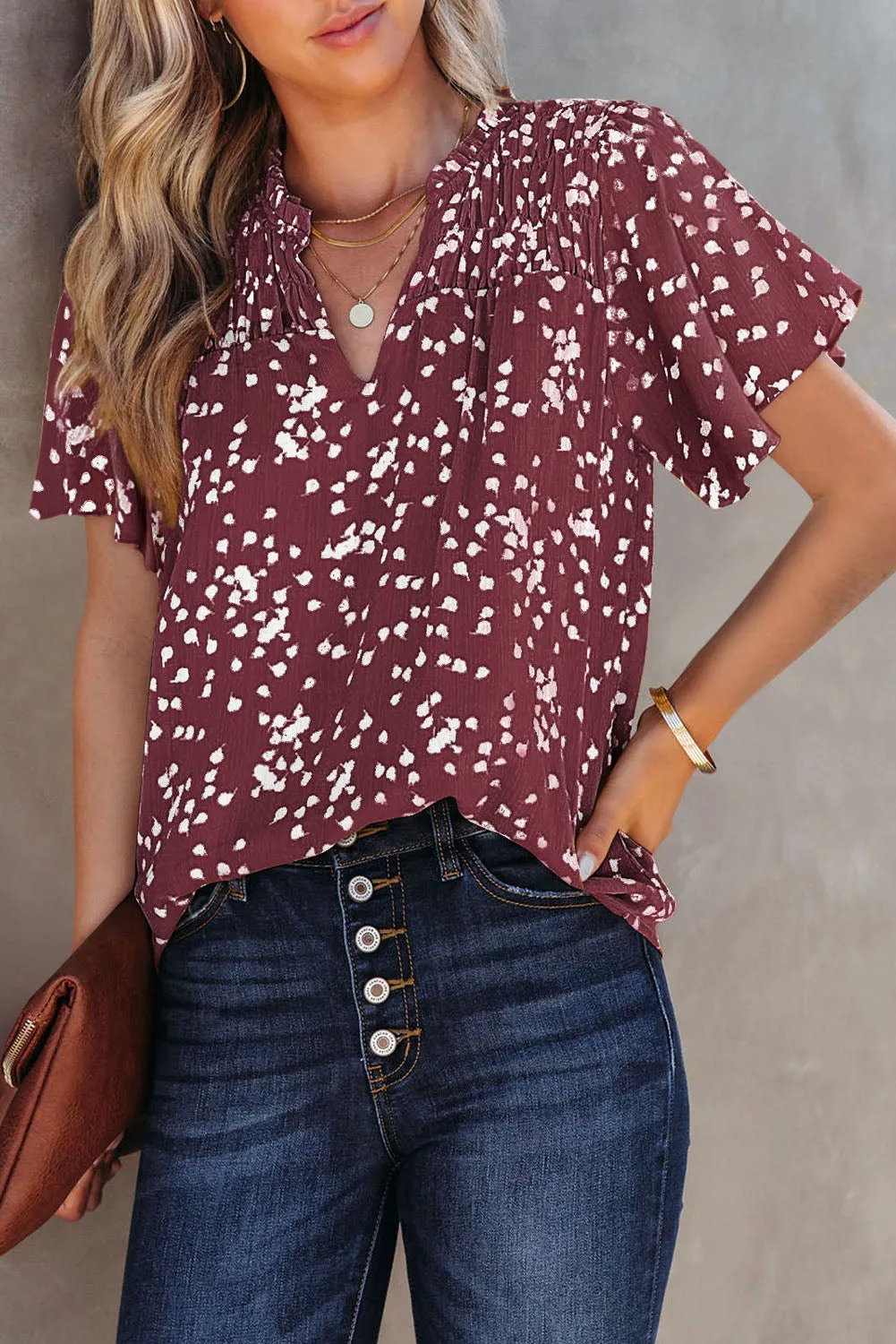 Women's Casual V Neck Floral Print Smocked Short Sleeve Chiffon Blouses