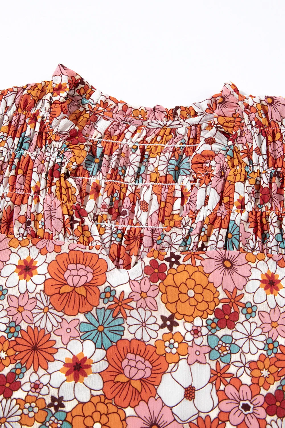 Women's Casual V Neck Floral Print Smocked Short Sleeve Chiffon Blouses