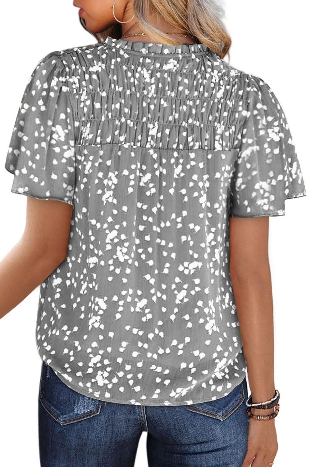 Women's Casual V Neck Floral Print Smocked Short Sleeve Chiffon Blouses