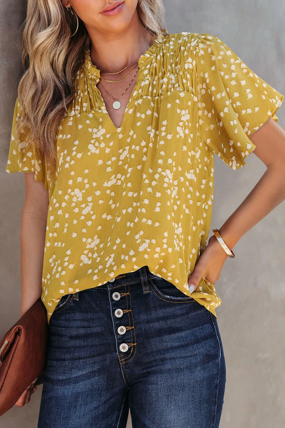 Women's Casual V Neck Floral Print Smocked Short Sleeve Chiffon Blouses