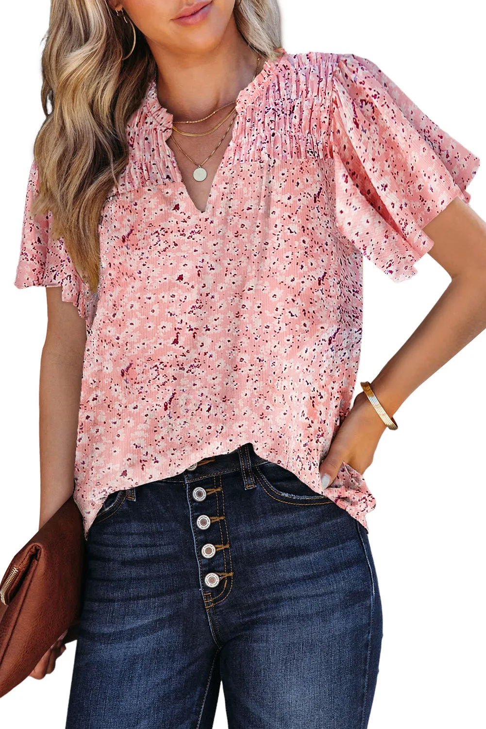 Women's Casual V Neck Floral Print Smocked Short Sleeve Chiffon Blouses
