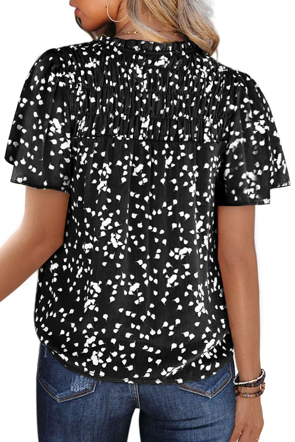 Women's Casual V Neck Floral Print Smocked Short Sleeve Chiffon Blouses
