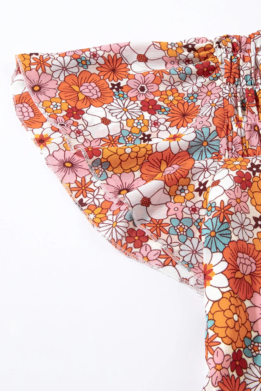 Women's Casual V Neck Floral Print Smocked Short Sleeve Chiffon Blouses