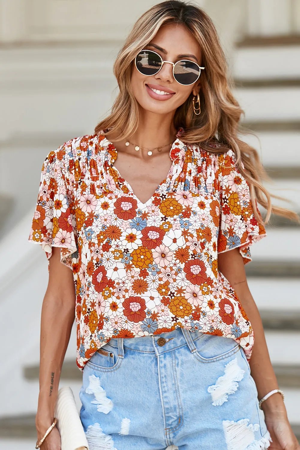 Women's Casual V Neck Floral Print Smocked Short Sleeve Chiffon Blouses