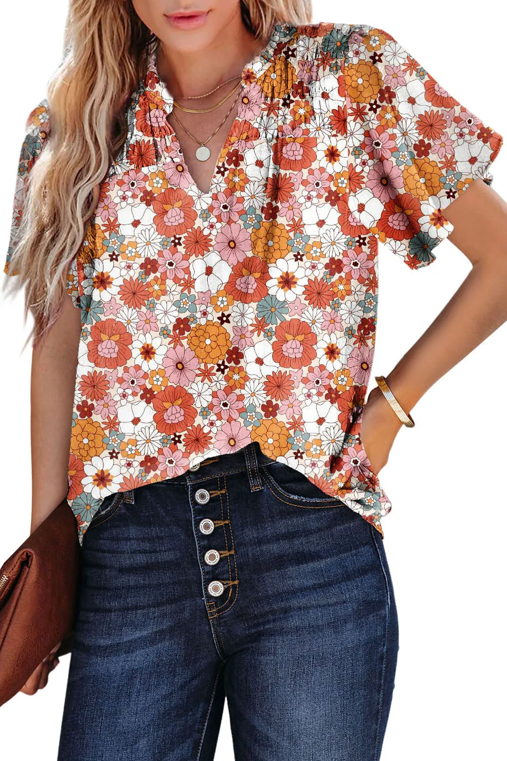 Women's Casual V Neck Floral Print Smocked Short Sleeve Chiffon Blouses