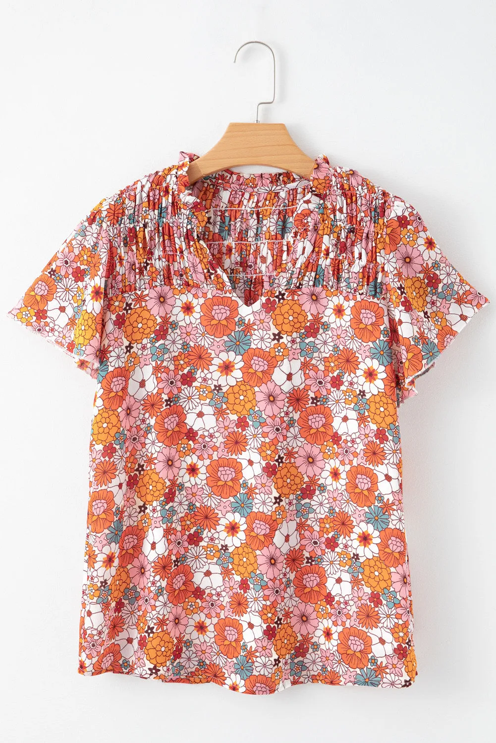 Women's Casual V Neck Floral Print Smocked Short Sleeve Chiffon Blouses