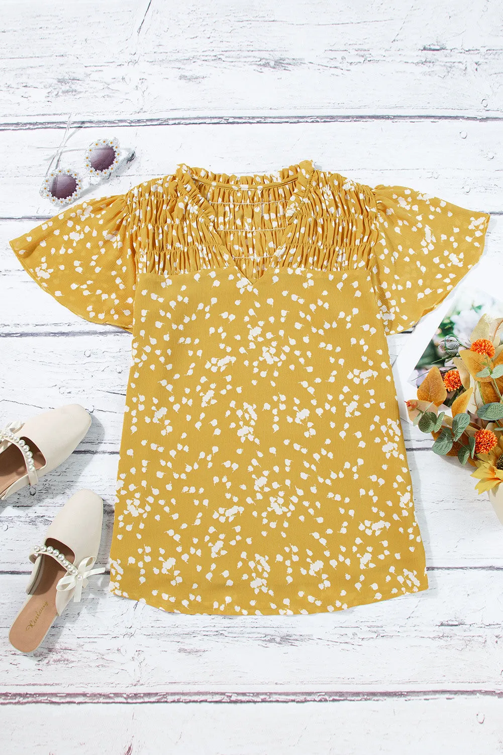 Women's Casual V Neck Floral Print Smocked Short Sleeve Chiffon Blouses